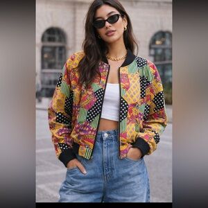 VTG Carol Horn Patchwork Bomber Jacket M 80s Retro Colorful Statement Maximalist